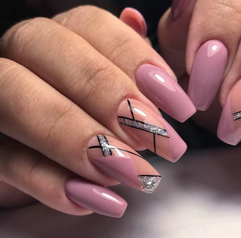 Mauve Pink Ballerina Nails with Geometric Silver Glitter