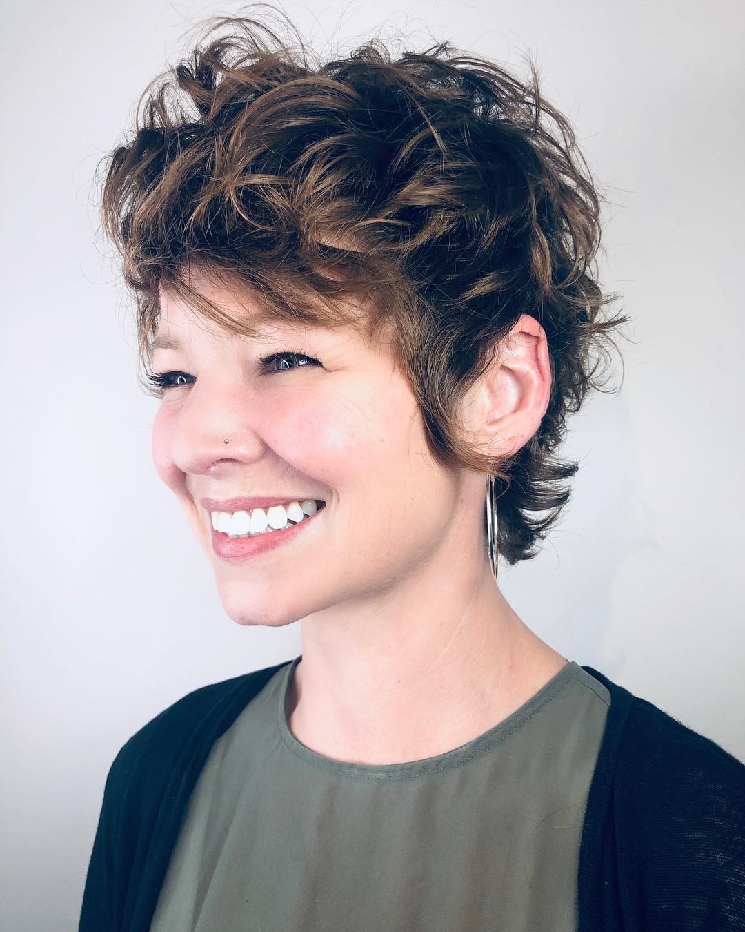 Messy Chocolate Brown Curly Pixie Cut