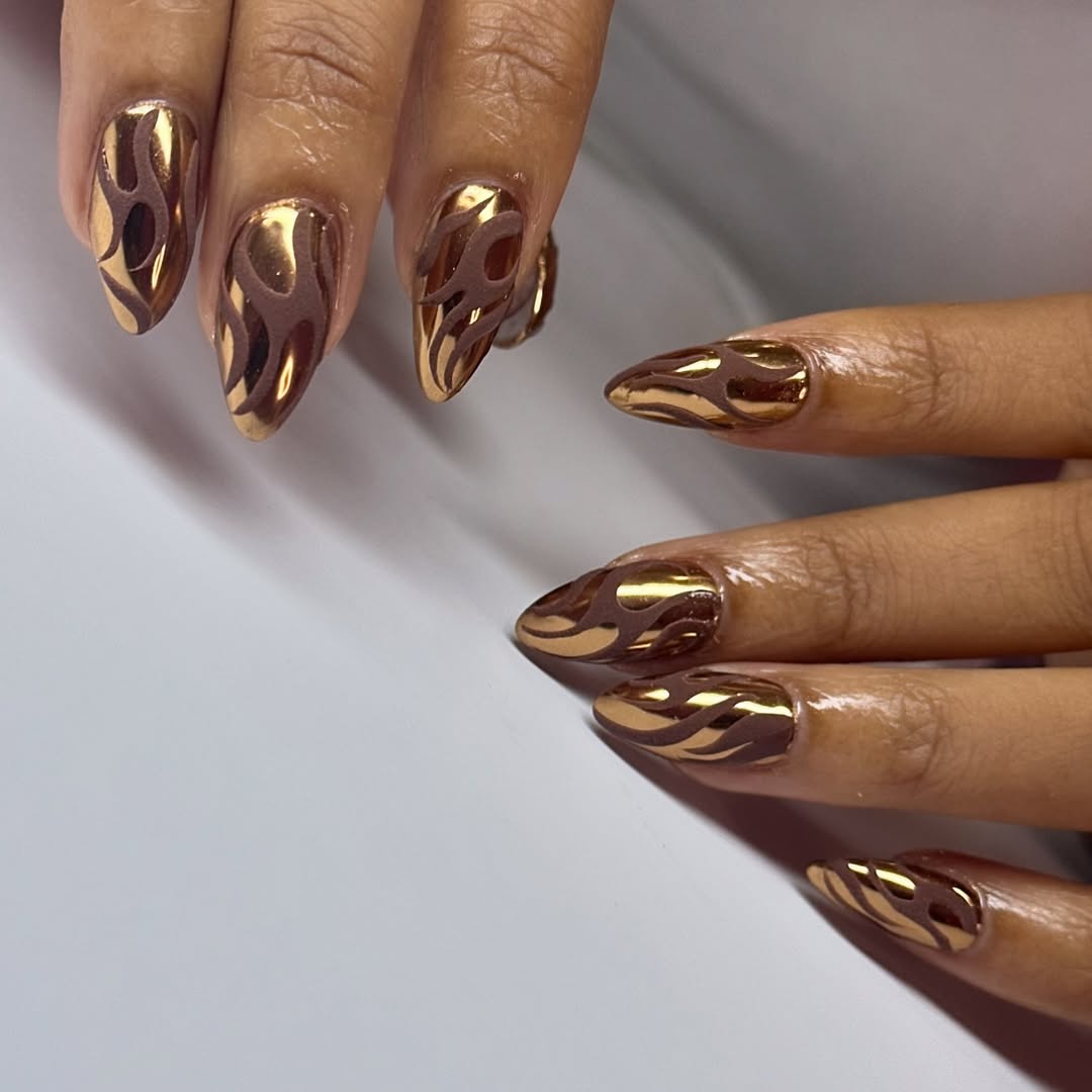 Metallic Gold Flame Stiletto Nails