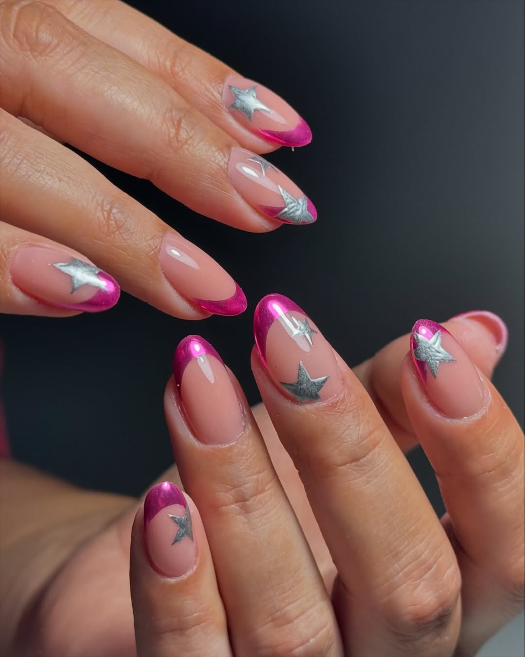 Metallic Pink French Tip Star Nails