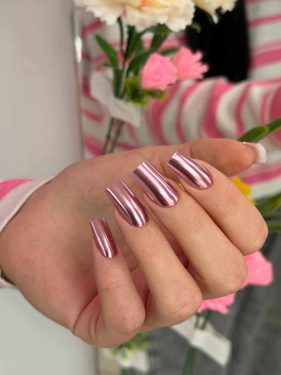 Metallic Rose Pink Long Coffin Chrome Nails