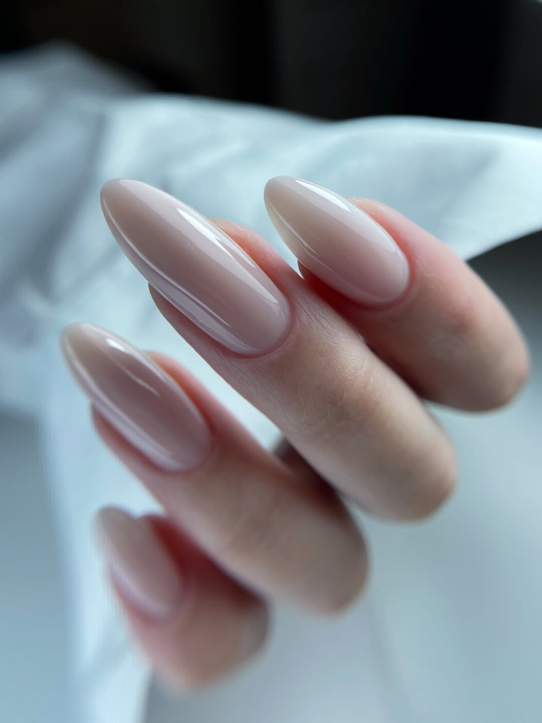 Milky Beige Almond Glossy Nails