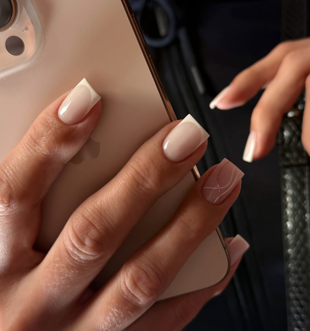 Milky French Square Nails with Subtle Swirl Art