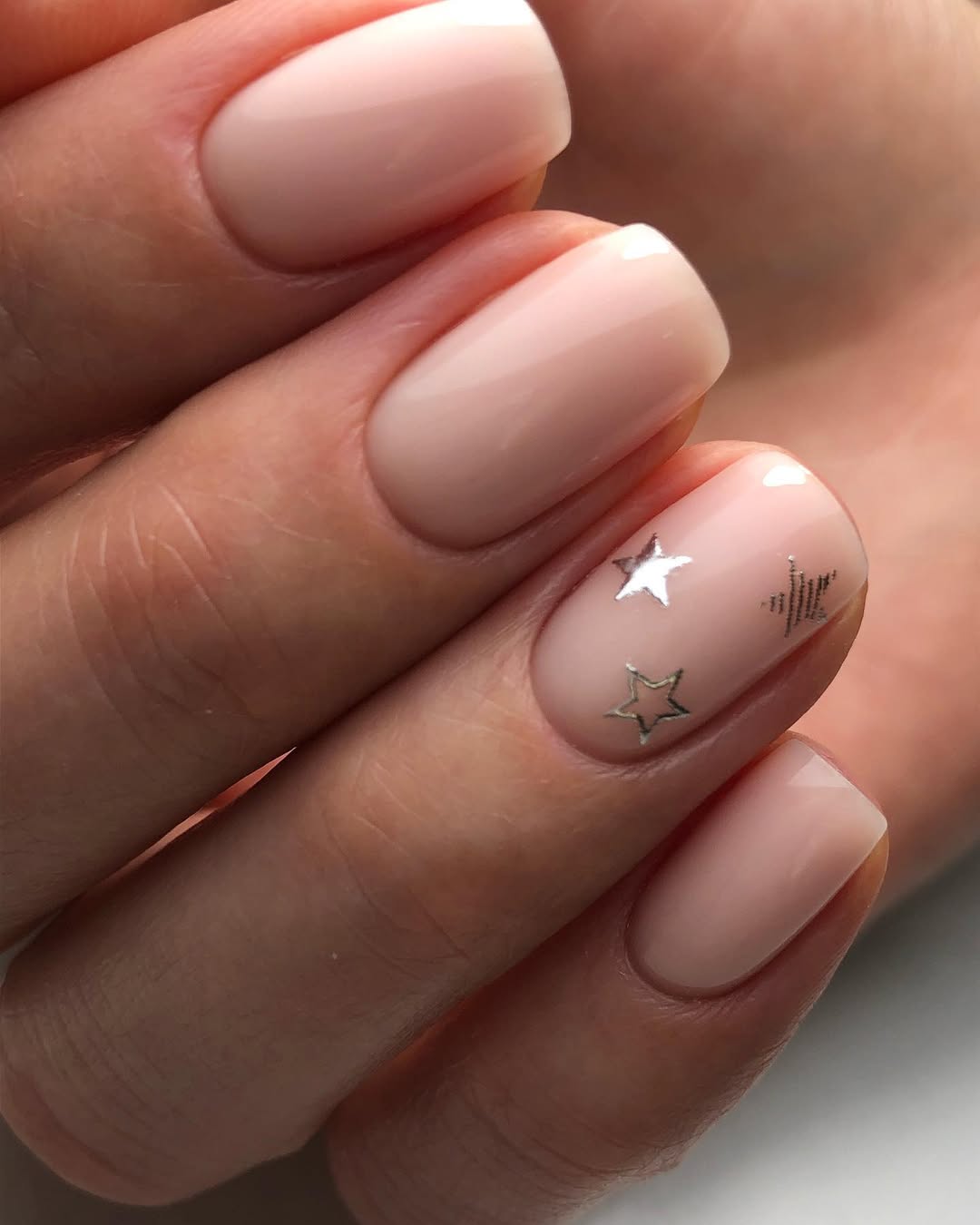 Milky Nude Nails with Silver Star Accents