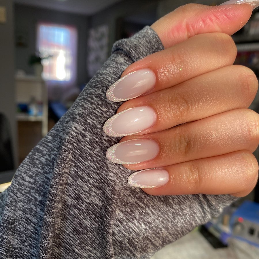 Milky Oval Nails With Glitter French Tips