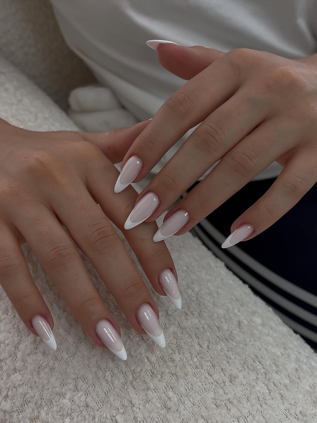 Milky Pink Modern French Almond Nails