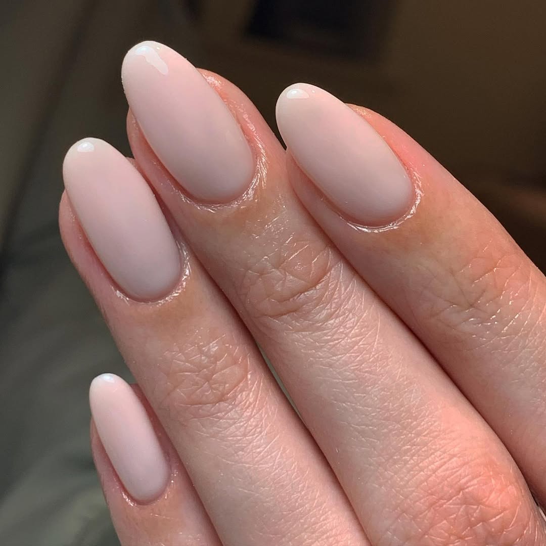 Milky Pink Oval Nails With Glossy Finish