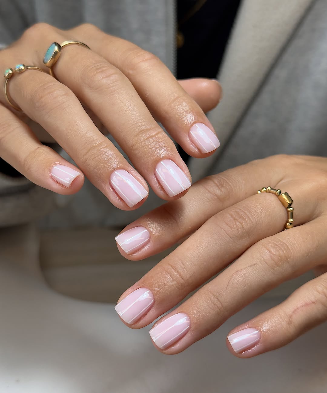 Milky Pink White Striped Squoval Nails