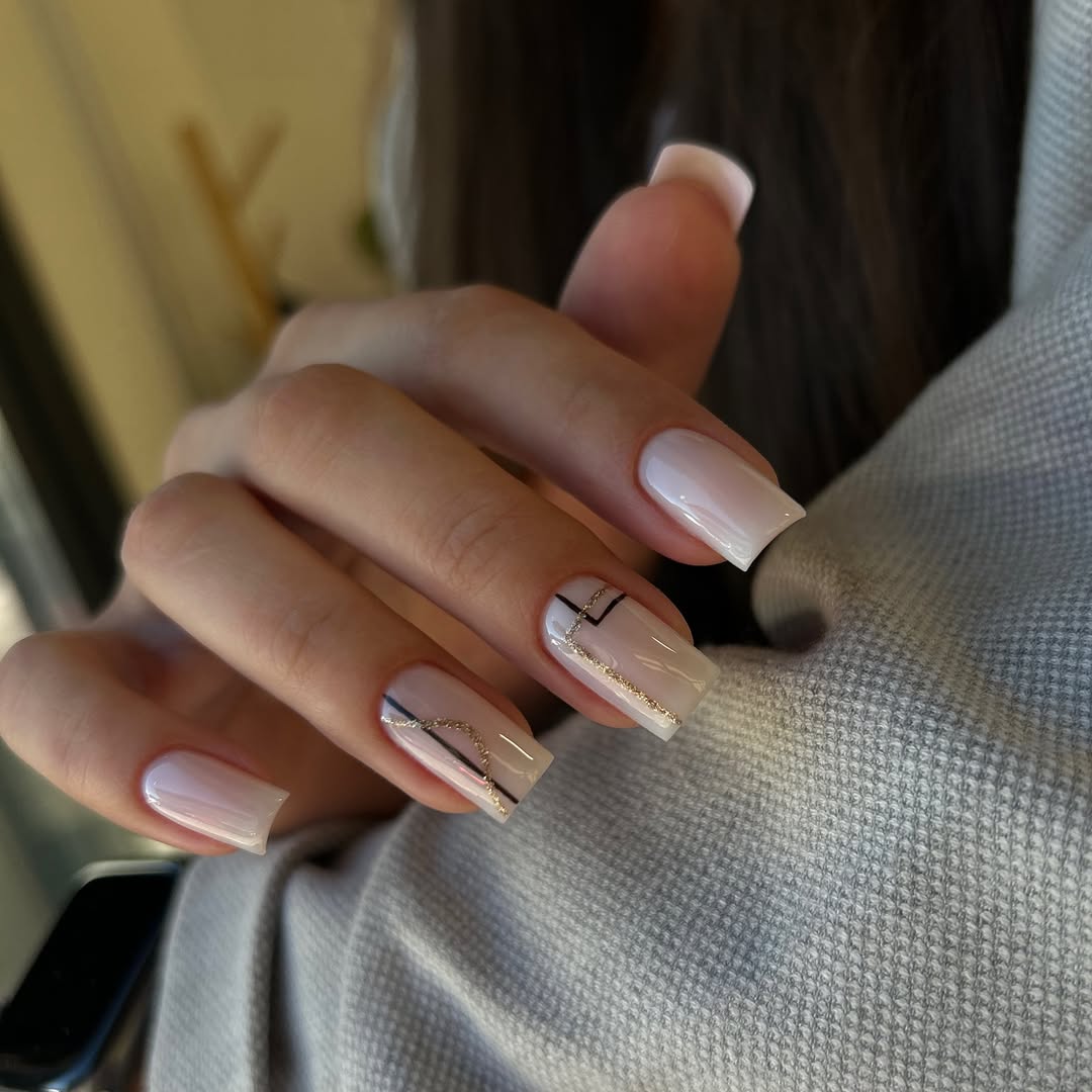 Milky White Abstract Gold and Black Line Art Nails