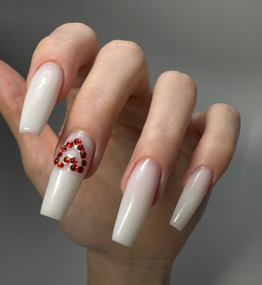 Milky White Coffin Nails with Red Rhinestone Heart Accent