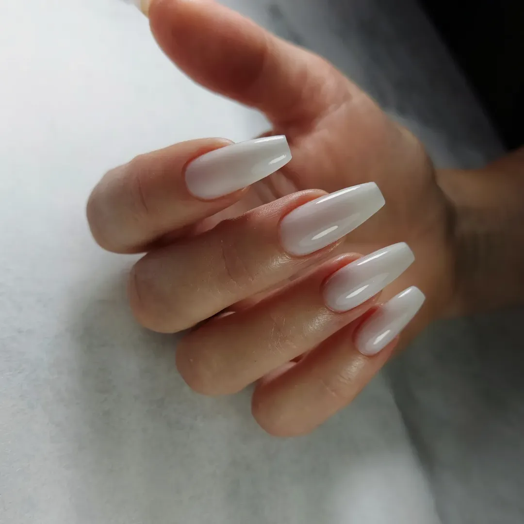 Milky White Glossy Ballerina Nails
