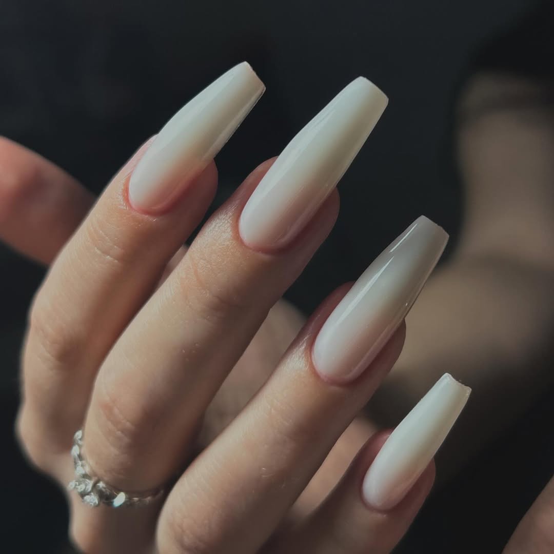Milky White Glossy Coffin Nails