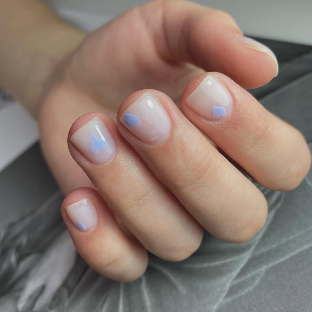 Milky White Nails with Pastel Blue Hearts