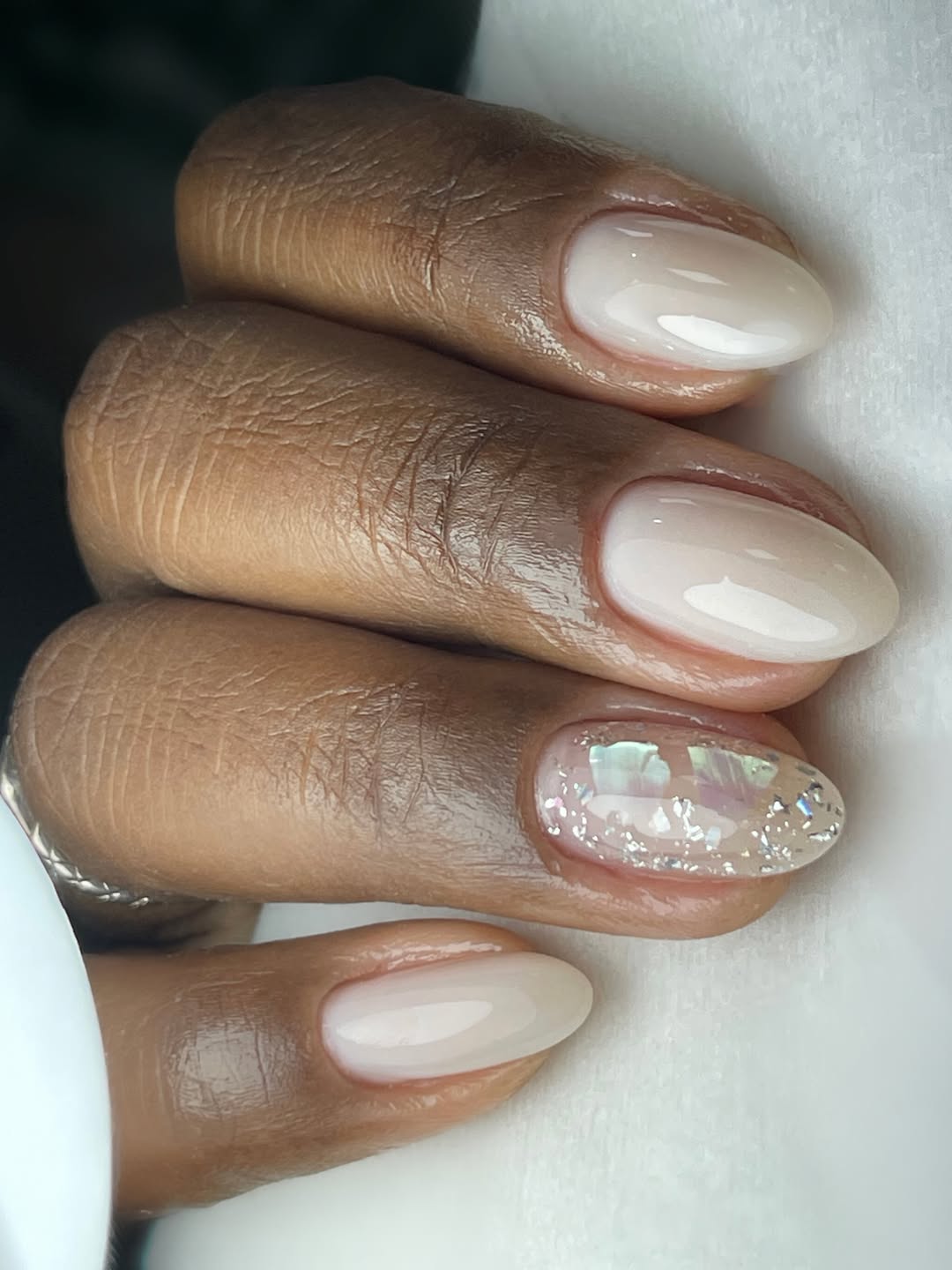 Milky White Oval Nails with Iridescent Chrome Flakes
