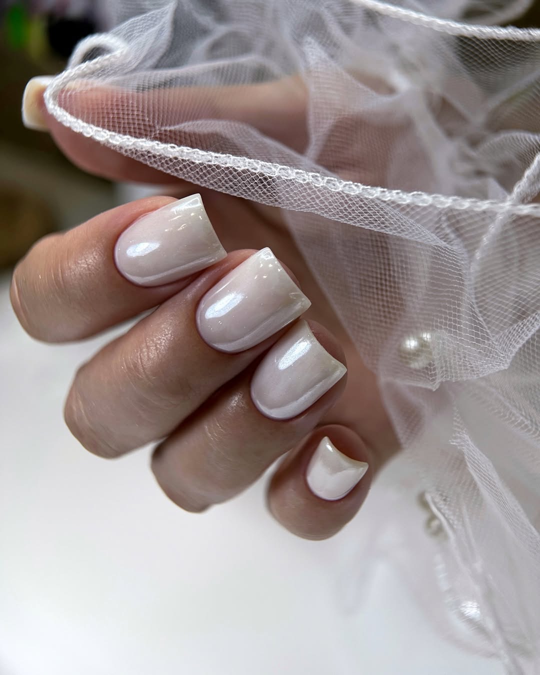 Milky White Pearl Chrome Square Nails