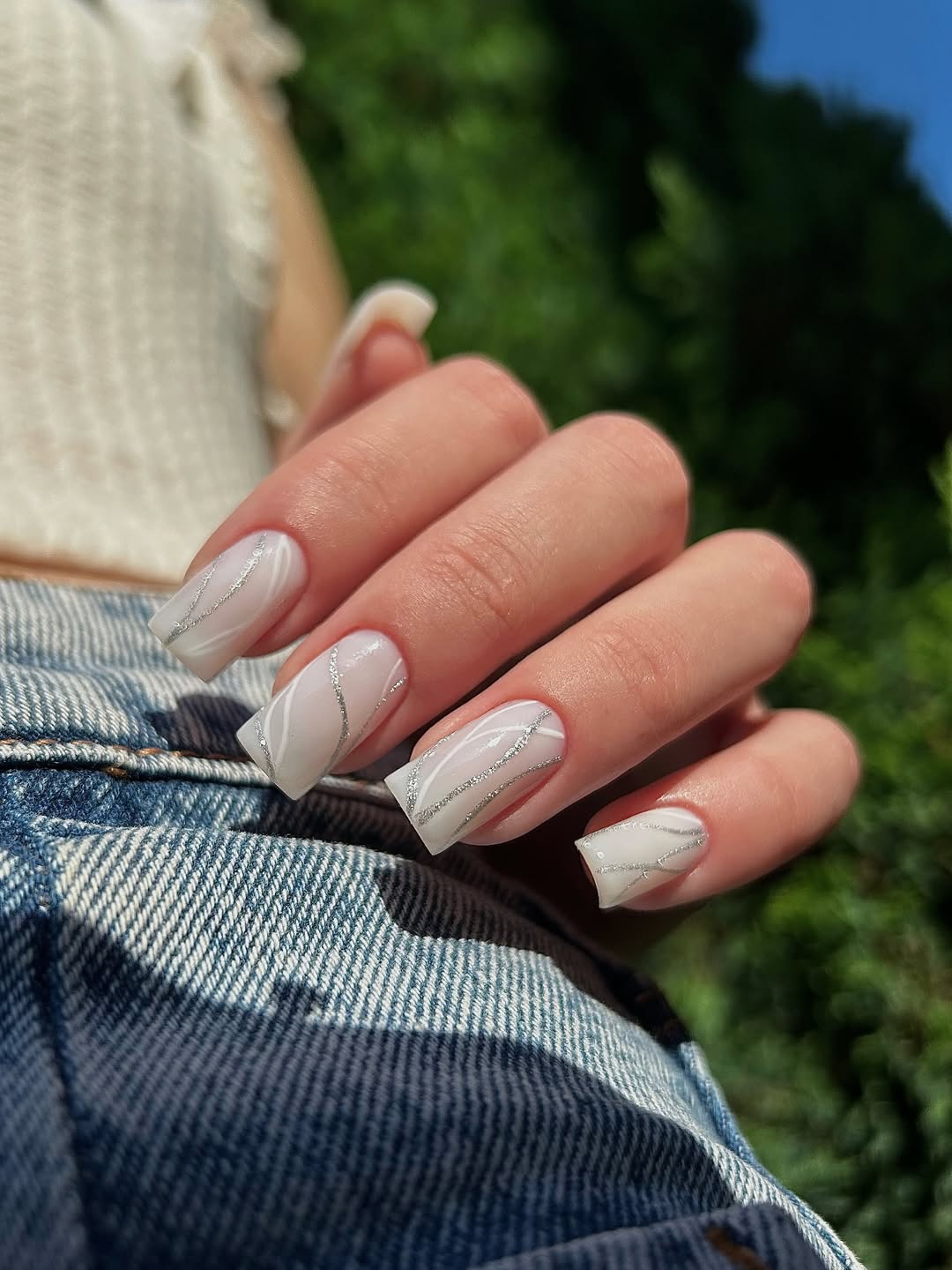 Milky White Silver Swirls Glossy Long Square Nails