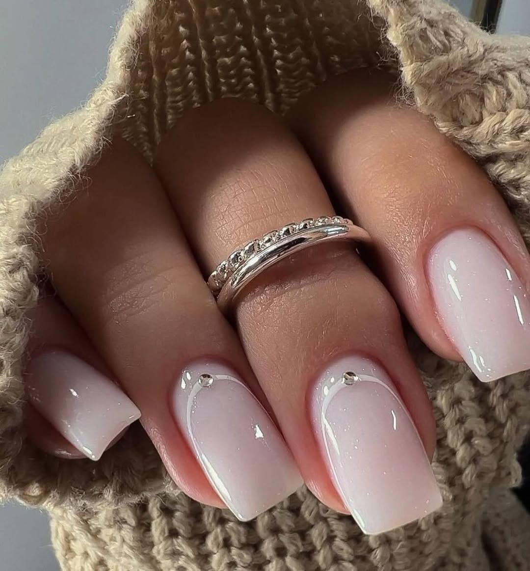 Milky White Soft Glam Square Nails with Rhinestone Accents