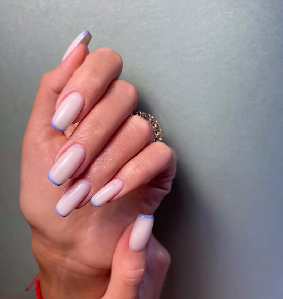 Milky White Square French Tips with Pastel Blue Accent