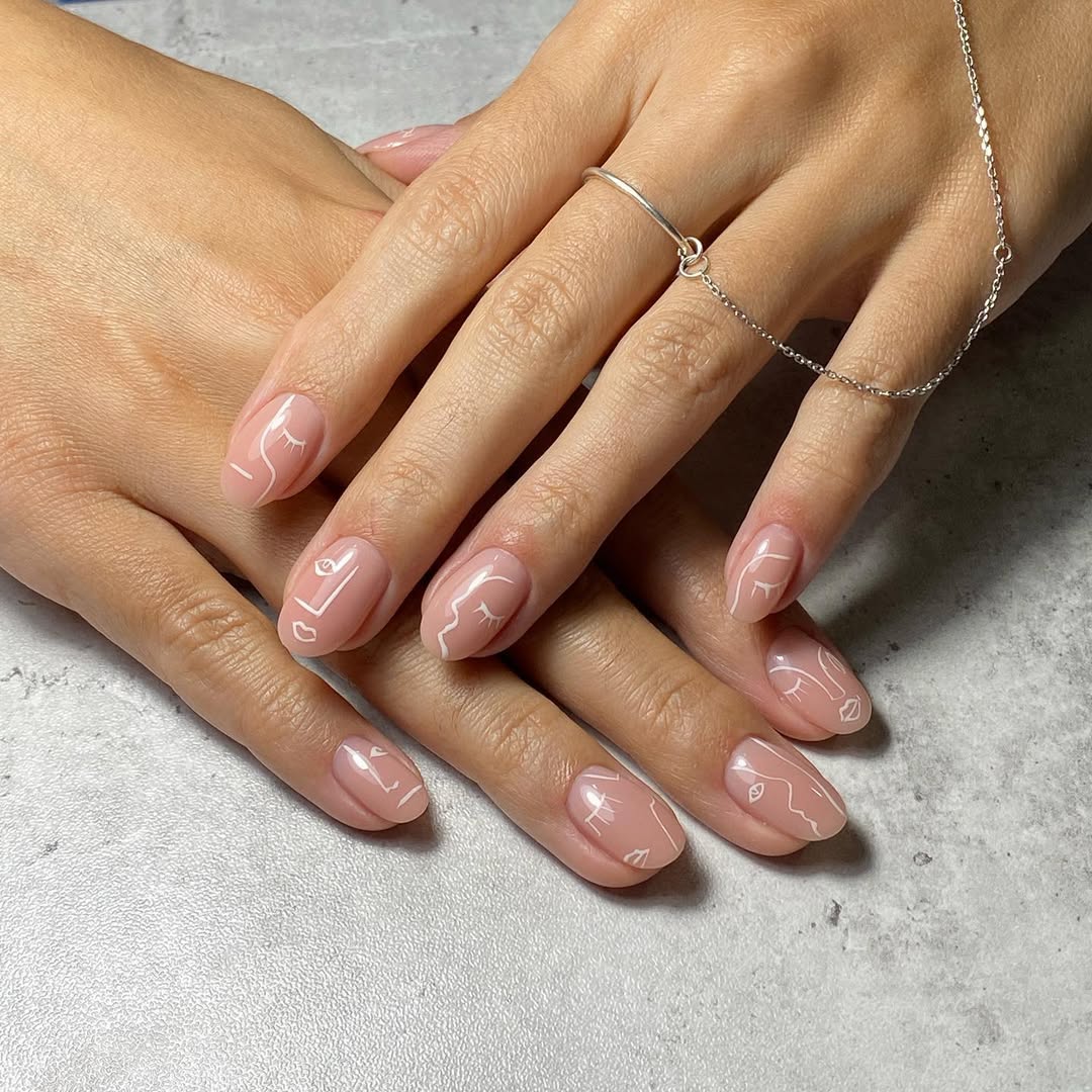 Minimalist Line Art Abstract Faces On Short Oval Nails