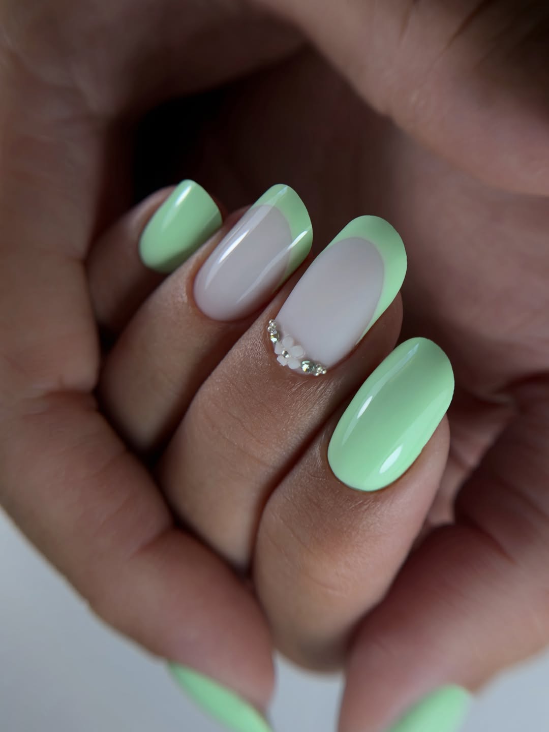 Mint Green French Manicure with Pearl Embellishments