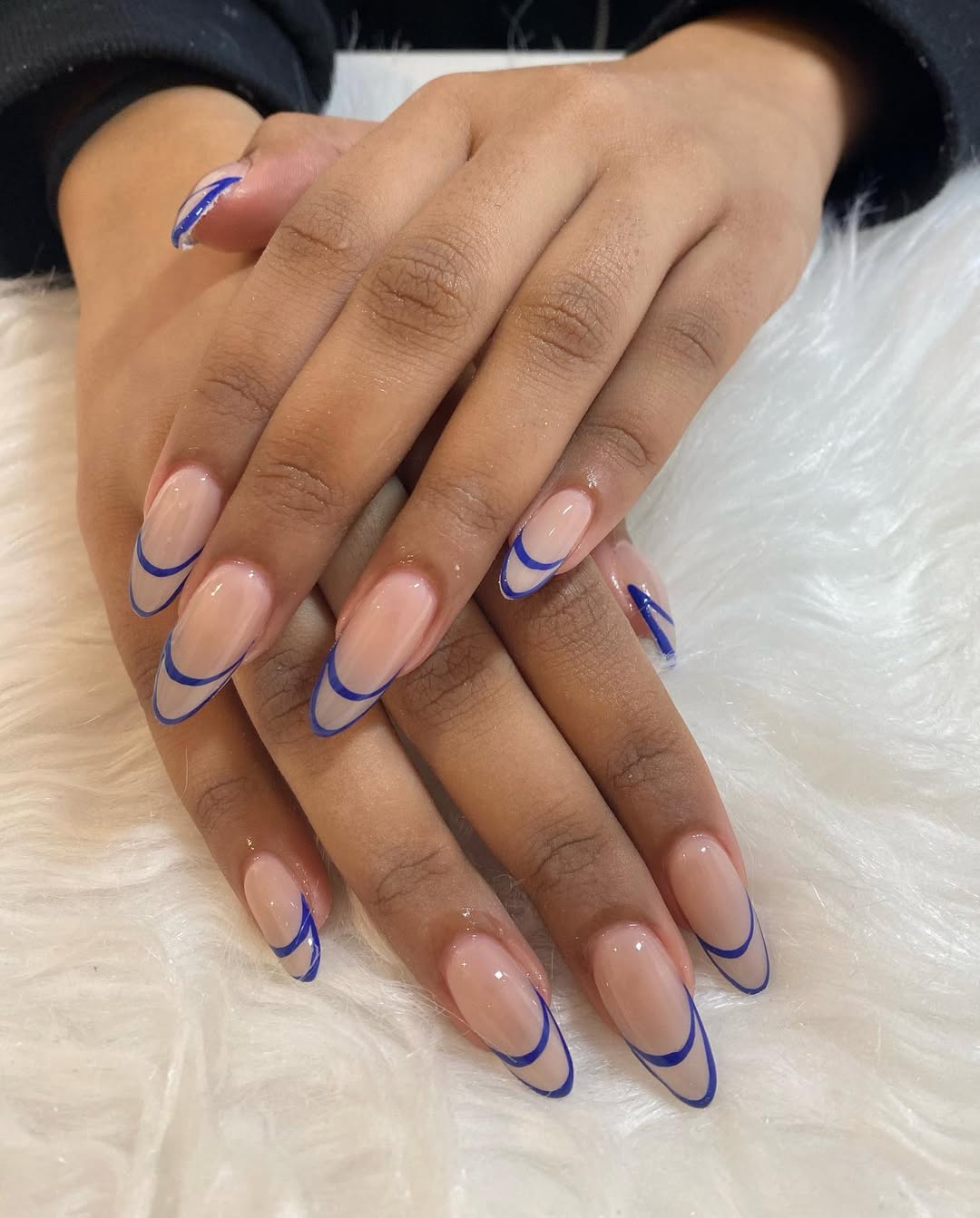 Modern Blue Outline Almond French Tips