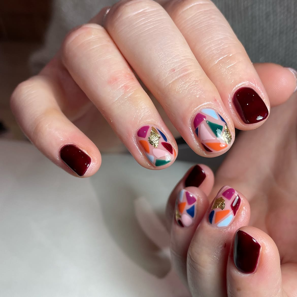 Modern Geometric Color Block Nails with Gold Flakes