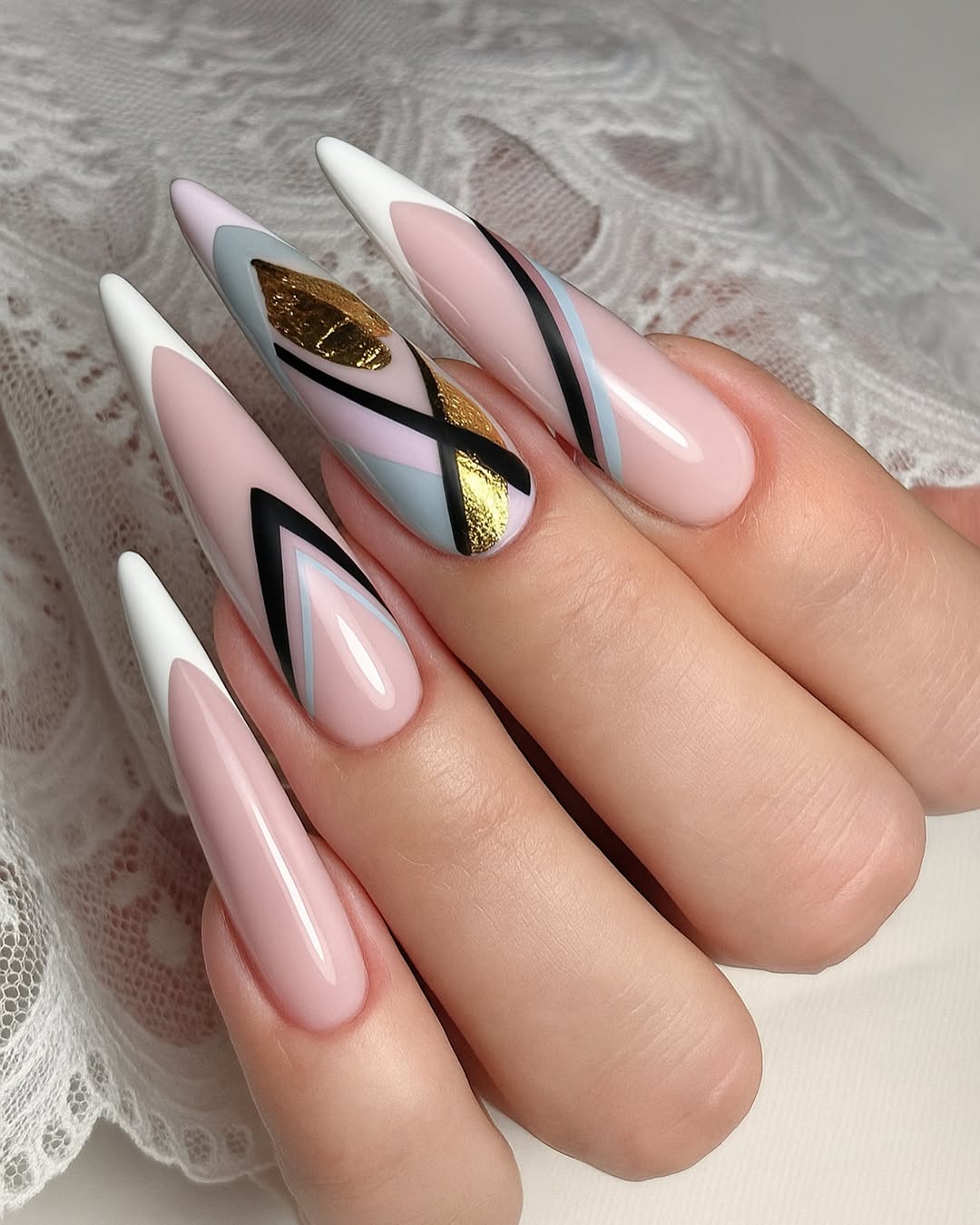 Modern Geometric French Stiletto Nails