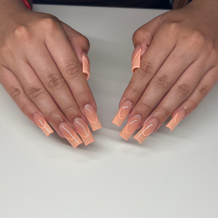 Modern Peachy Pink V-Cut French Tips Square Nails