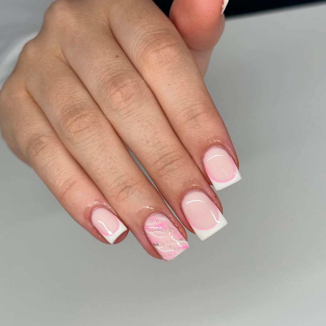 Modern Pink and White Swirl French Tips