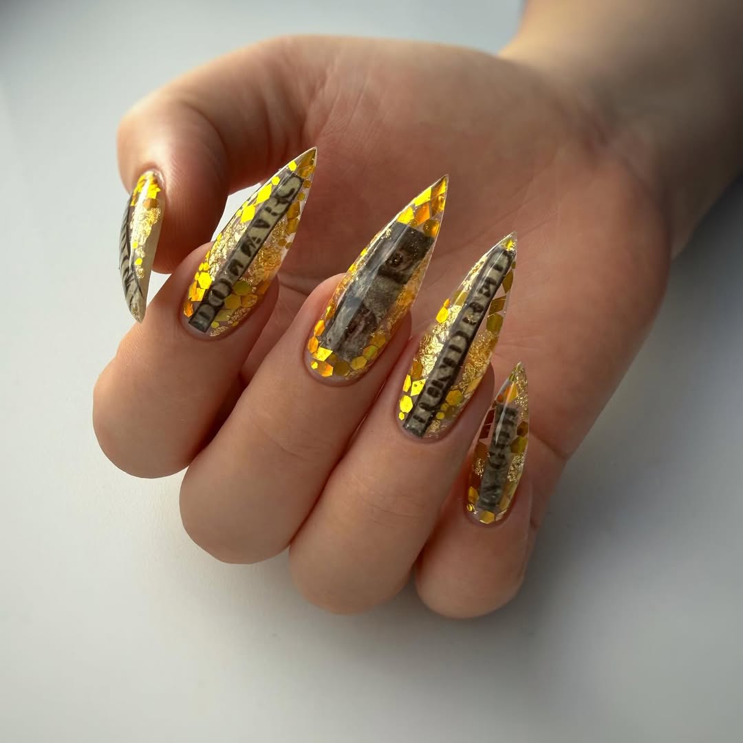 Money Print Stiletto Nails With Gold Flakes
