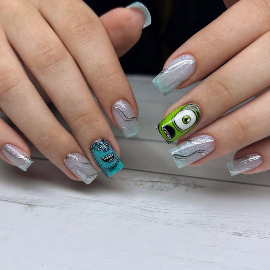 Monsters Inc Inspired Square Nails with Glitter