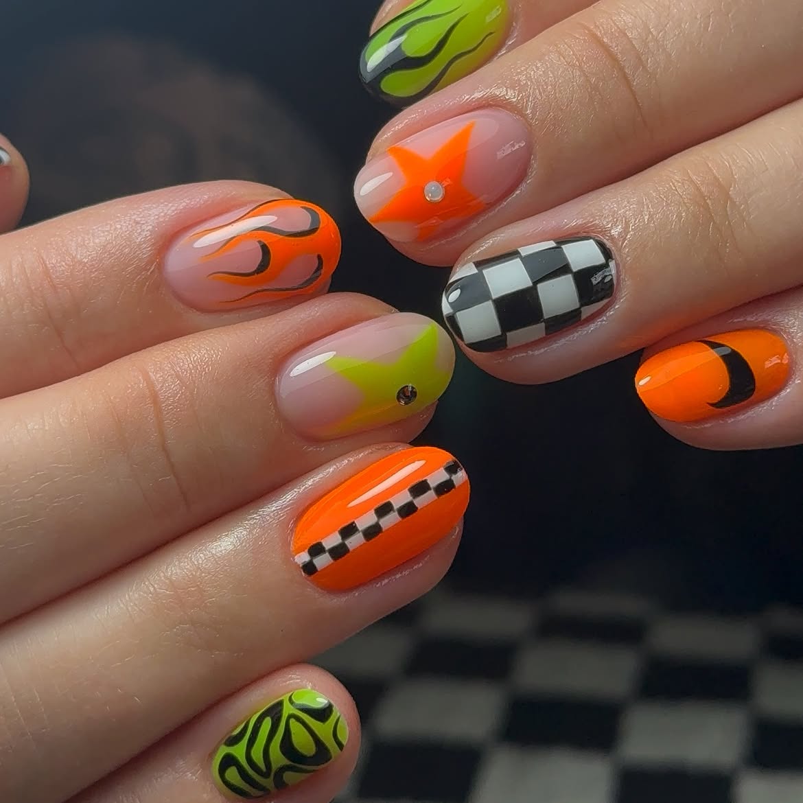 Neon Flames and Checkerboard Oval Nails