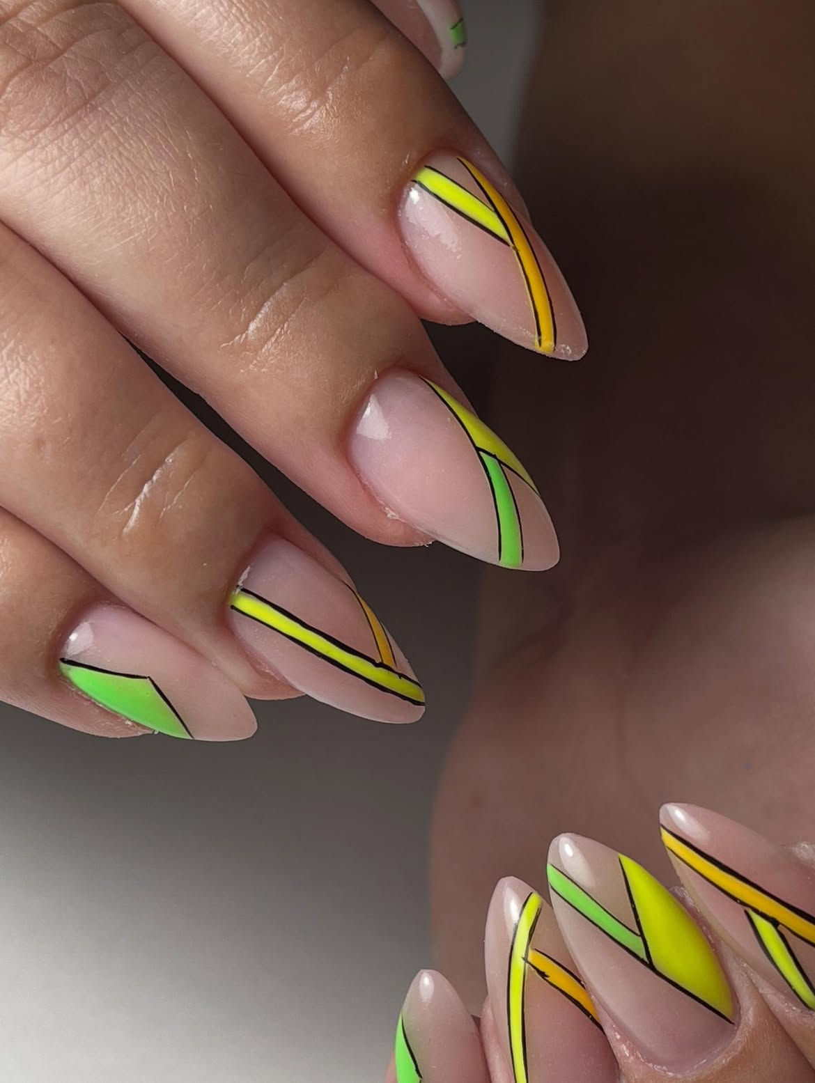 Neon Geometric Lines Almond Nails