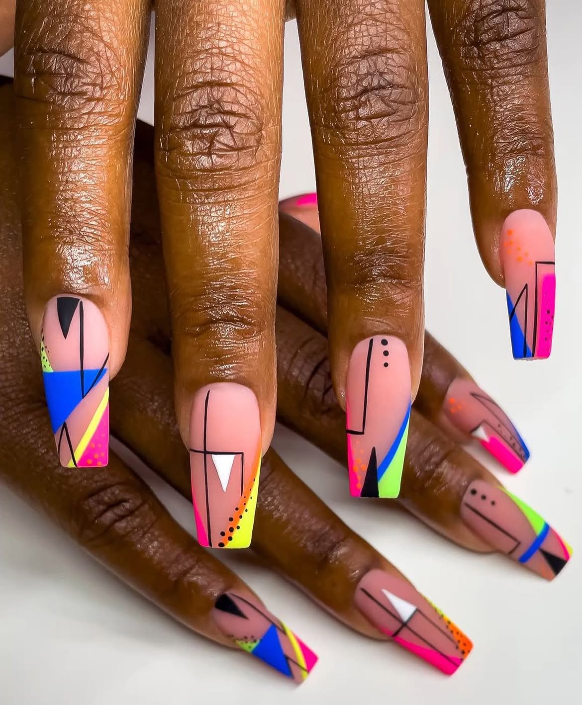 Neon Geometric Matte Coffin Nails