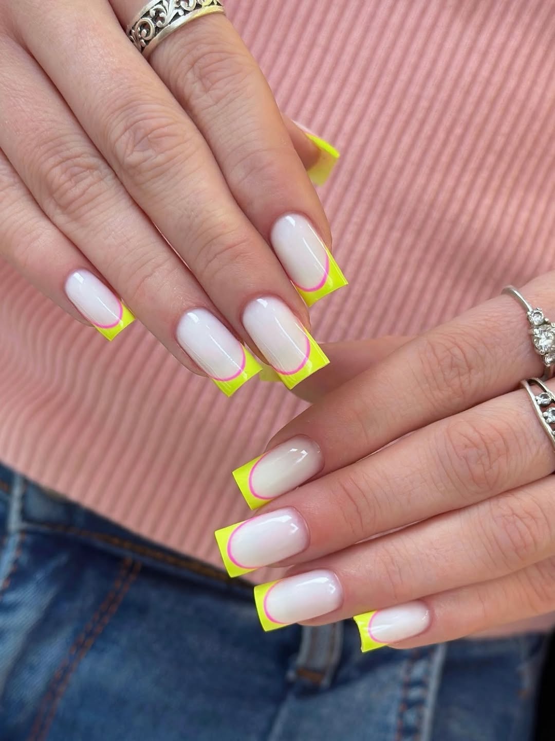Neon Outline French Tip Square Nails
