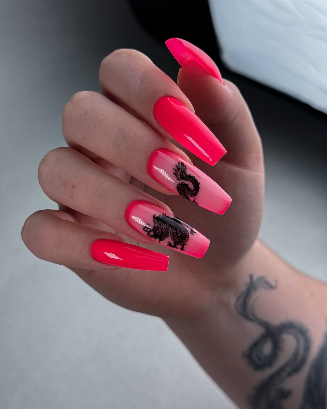 Neon Pink Dragon Coffin Nails