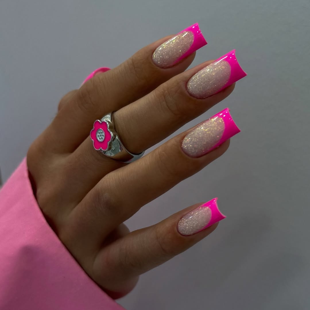 Neon Pink Glitter French Tip Nails