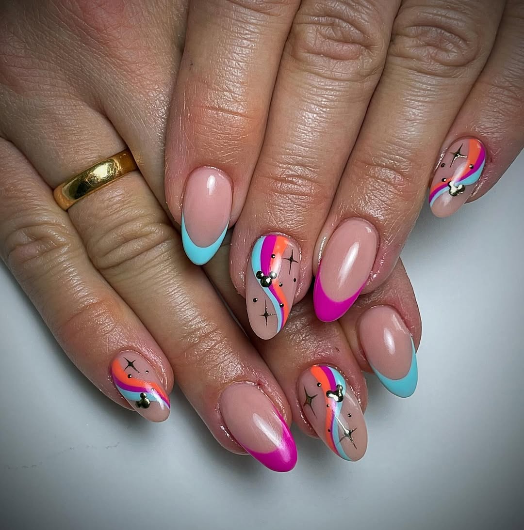 Neon Swirl French Tips with Mickey Charms