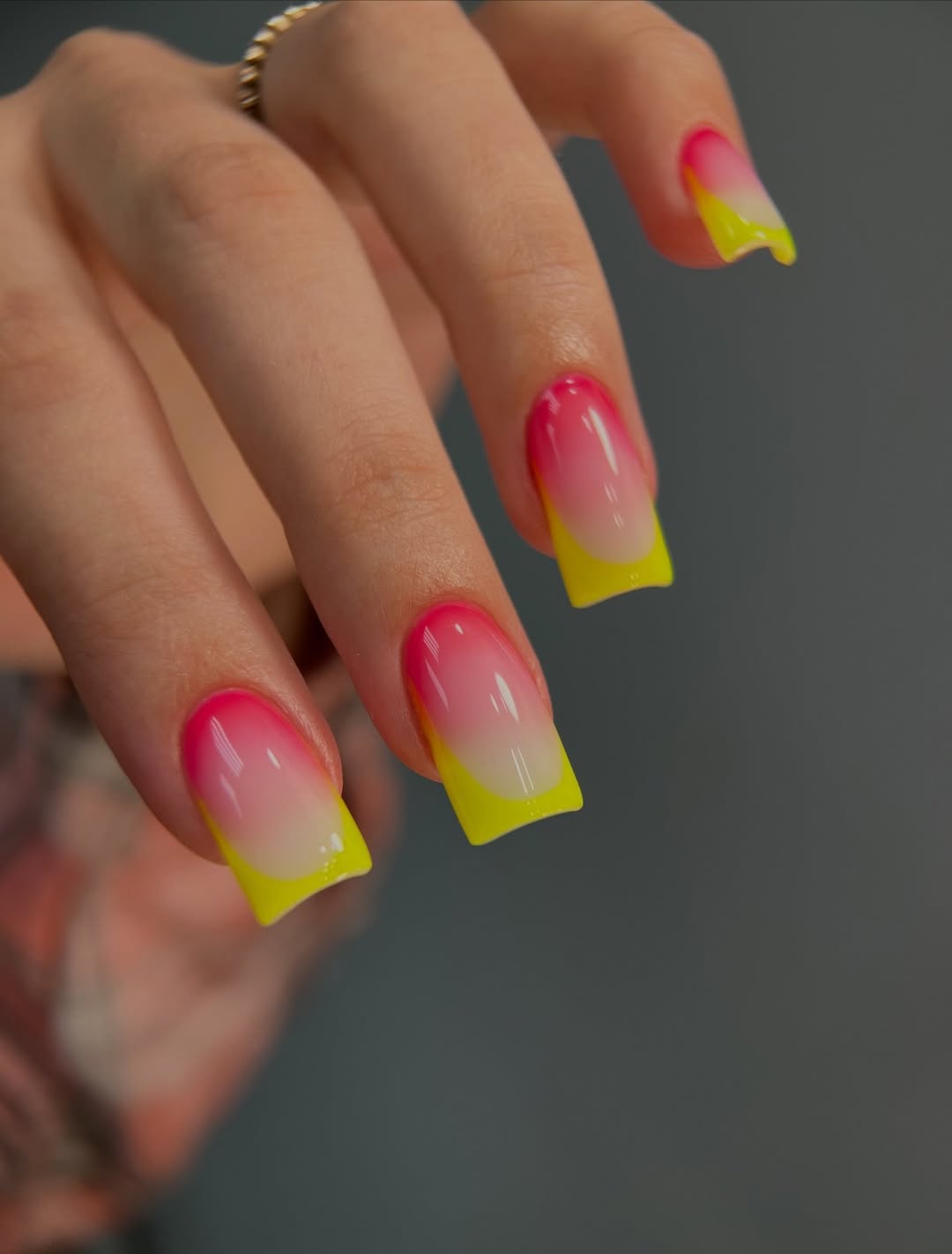 Neon Yellow and Hot Pink French Ombre Square Nails