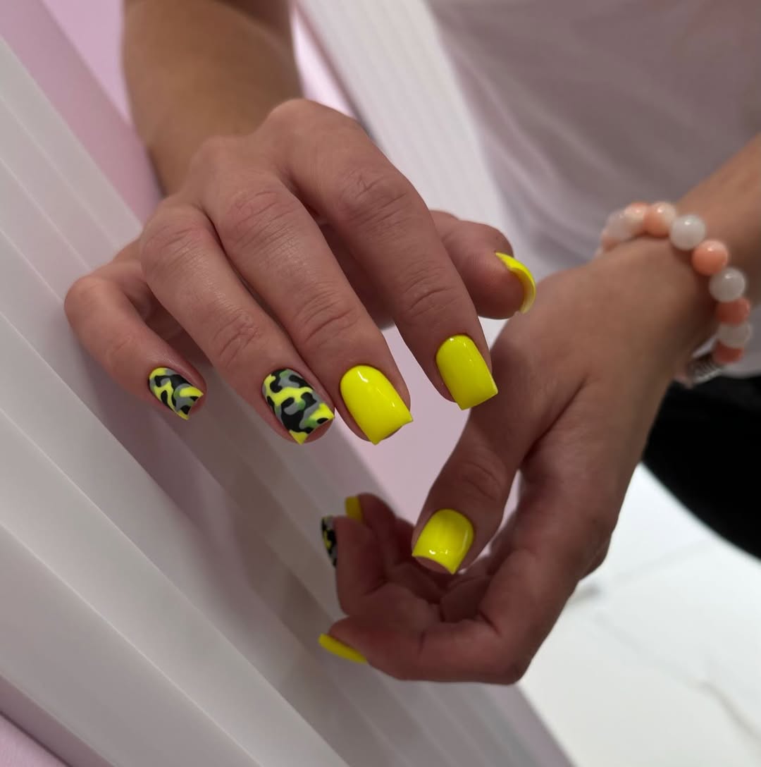Neon Yellow Camo Accent Square Nails