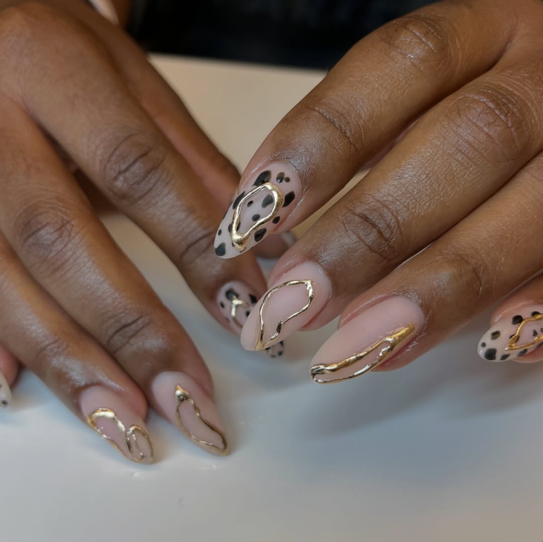 Nude Almond Nails with Gold Cheetah and Swirl Accents