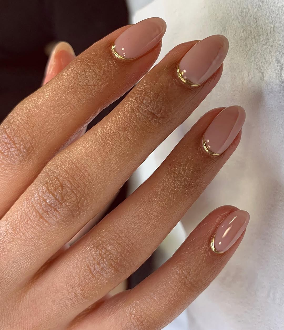Nude Oval Nails with Gold Crescent Outline