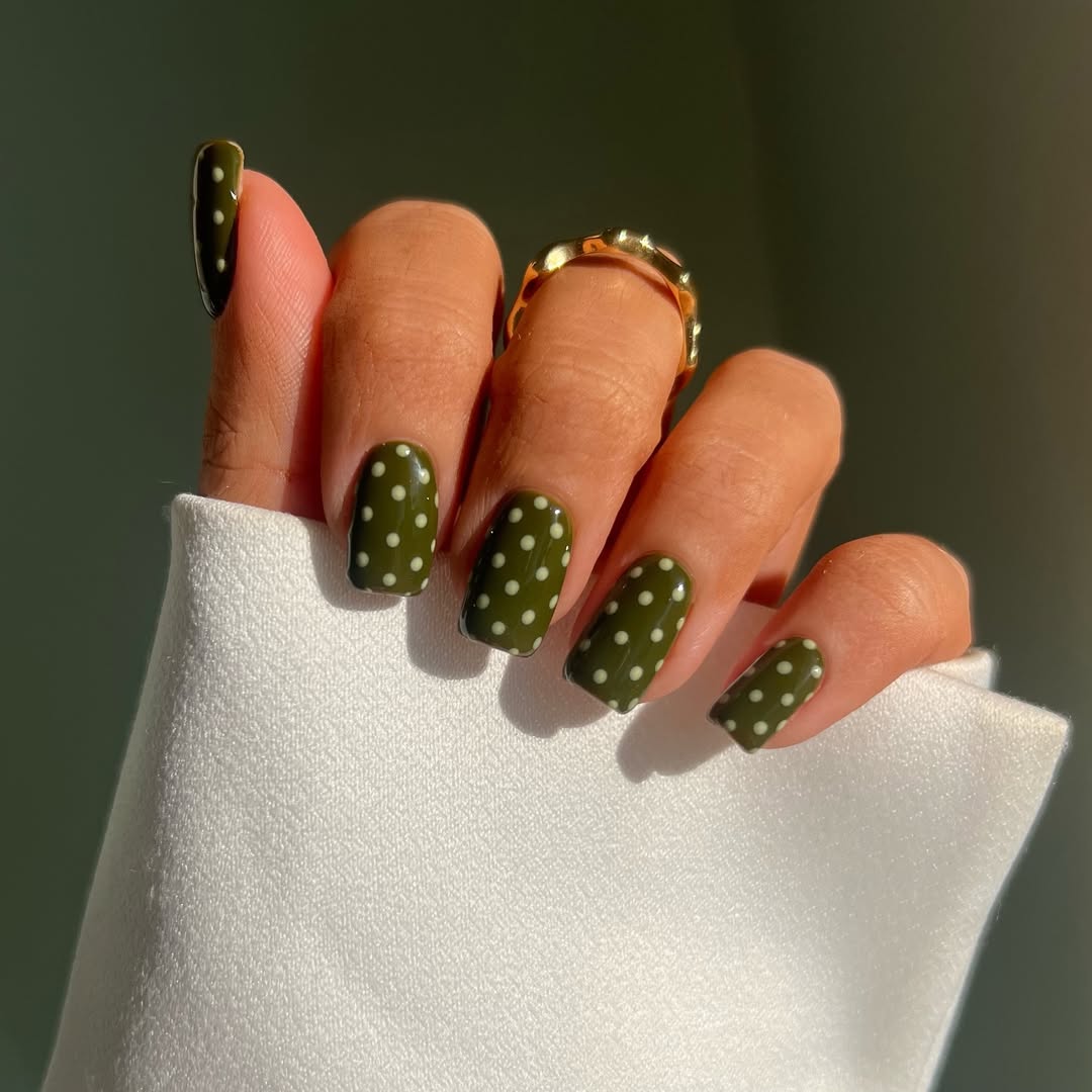 Olive Green Polka Dot Short Square Nails