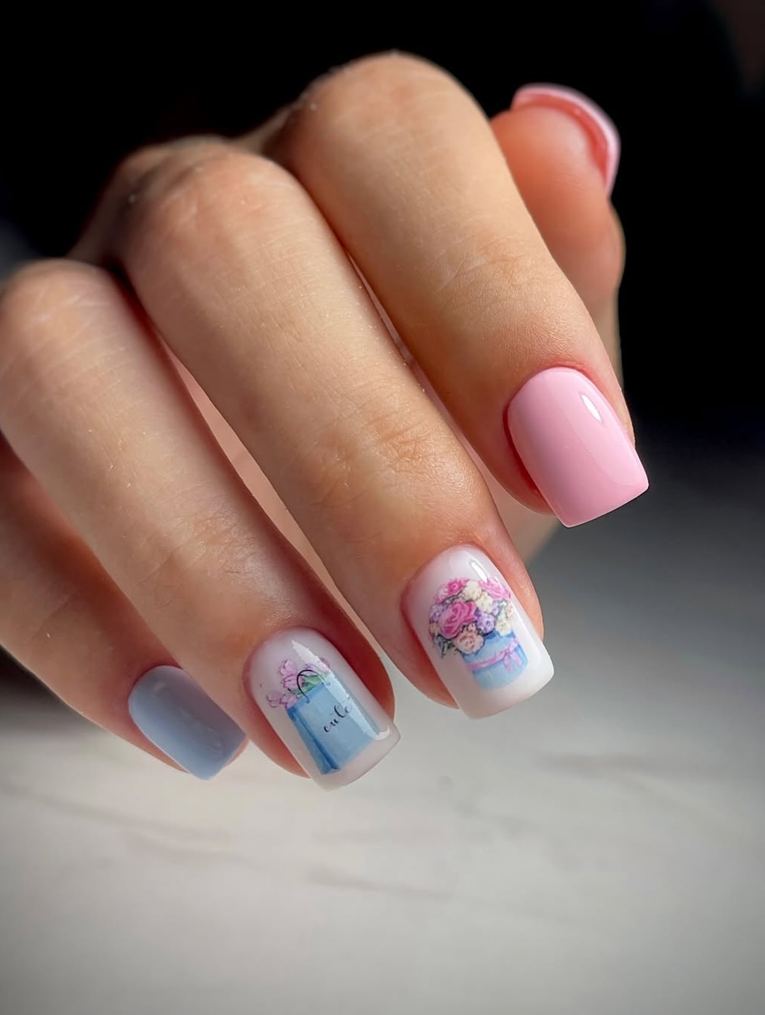 Pastel Blue and Pink Floral Gift Box Nails