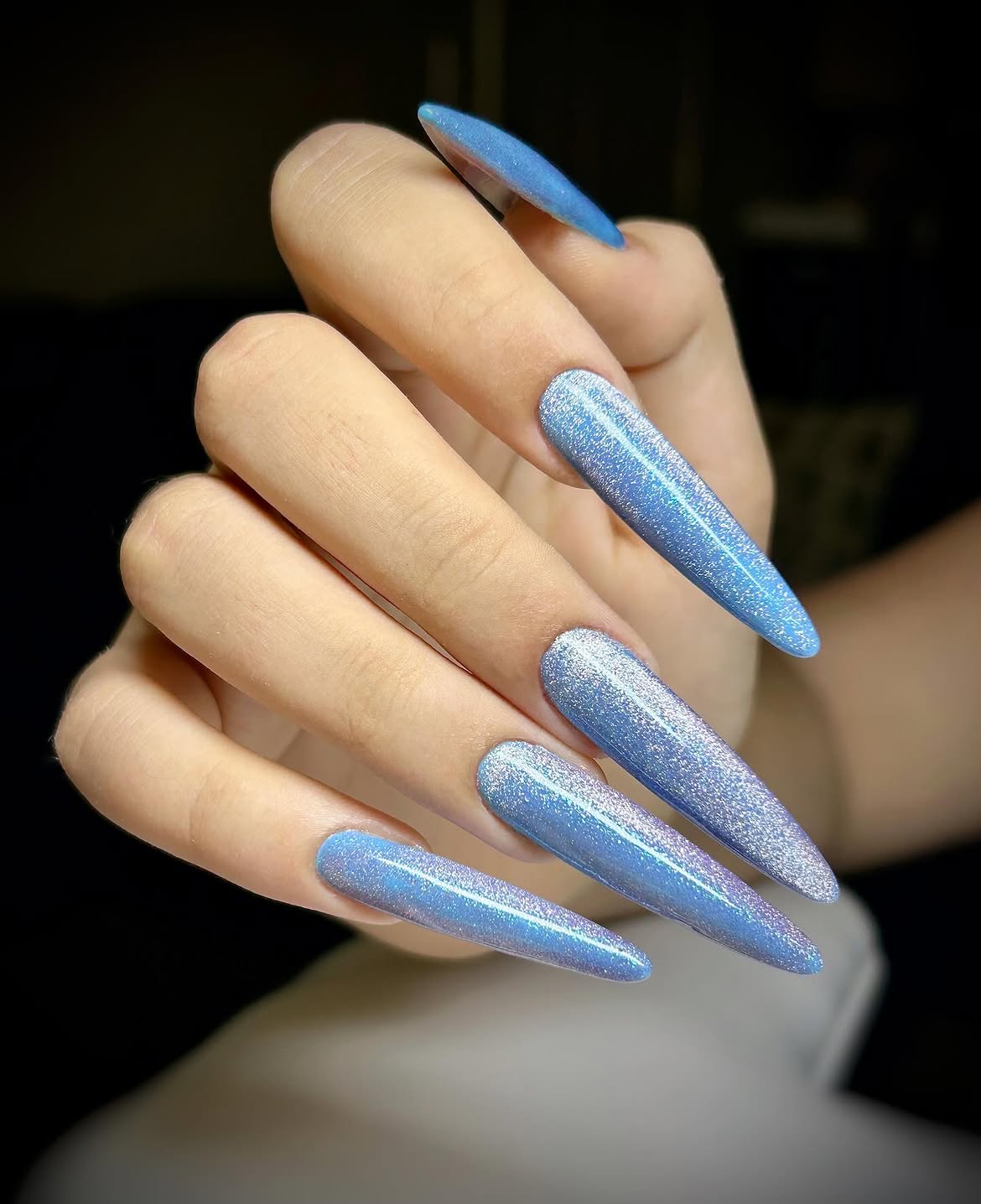 Pastel Blue Cat Eye Stiletto Nails