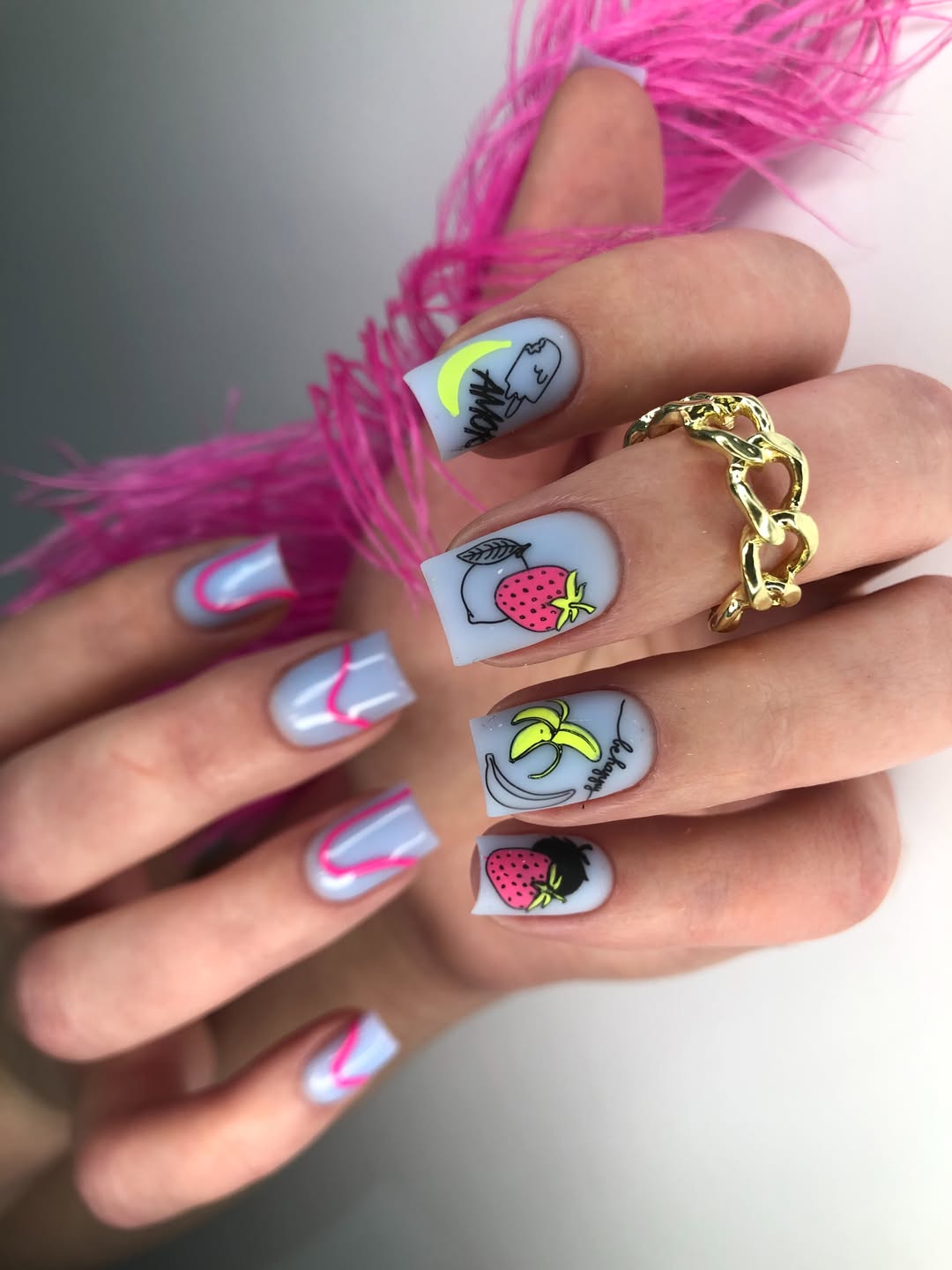 Pastel Blue Fruit & Swirl Nail Art