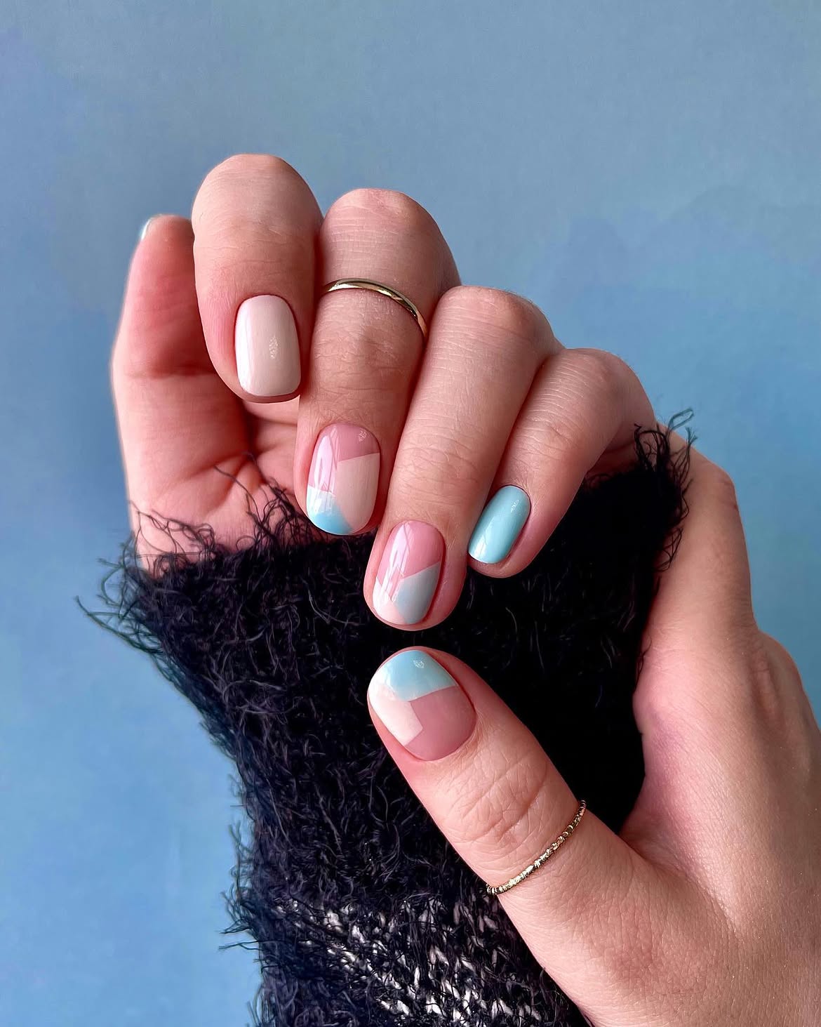 Pastel Geometric Color Block Short Nails