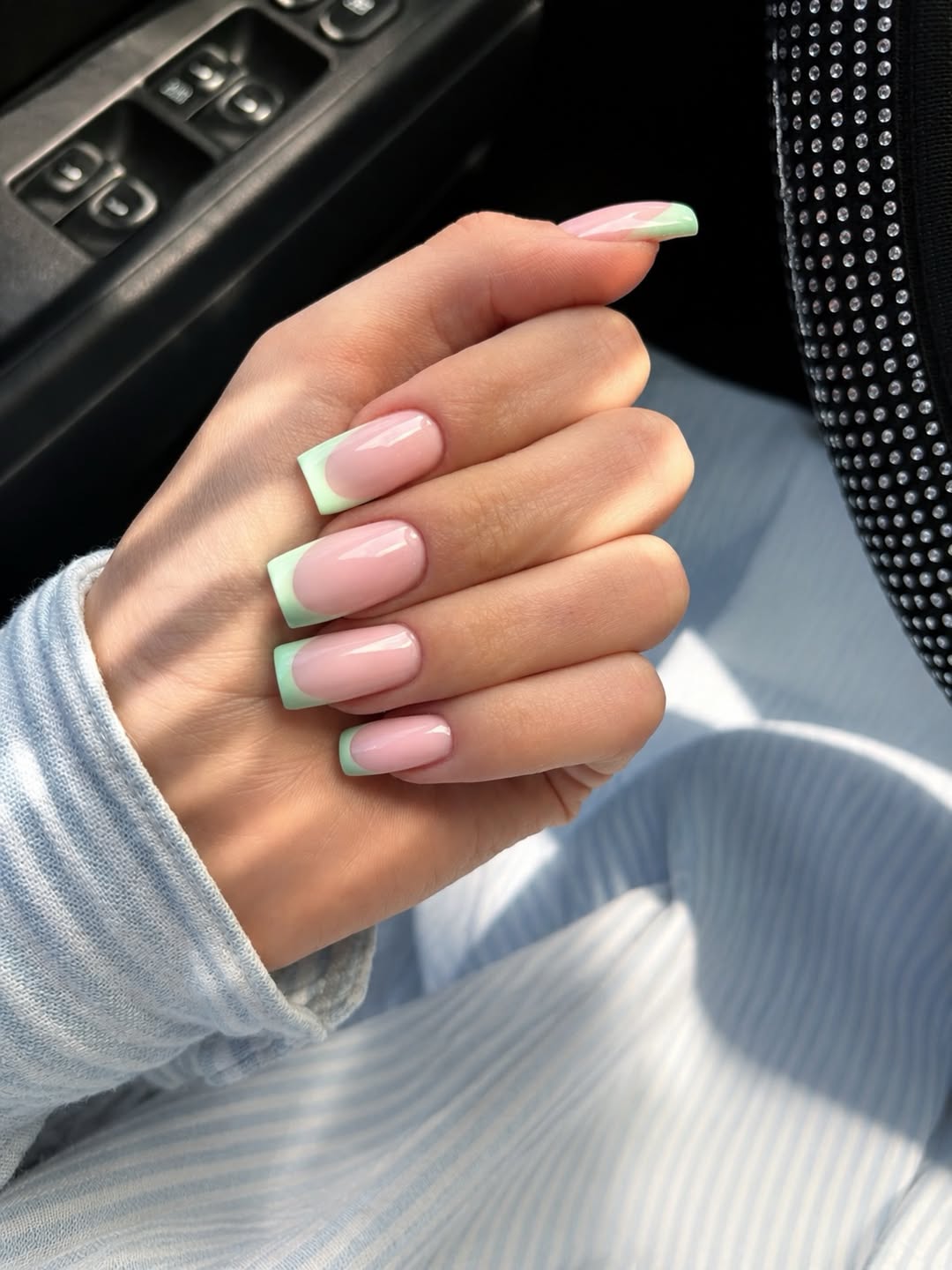 Pastel Mint Green French Tip Square Nails