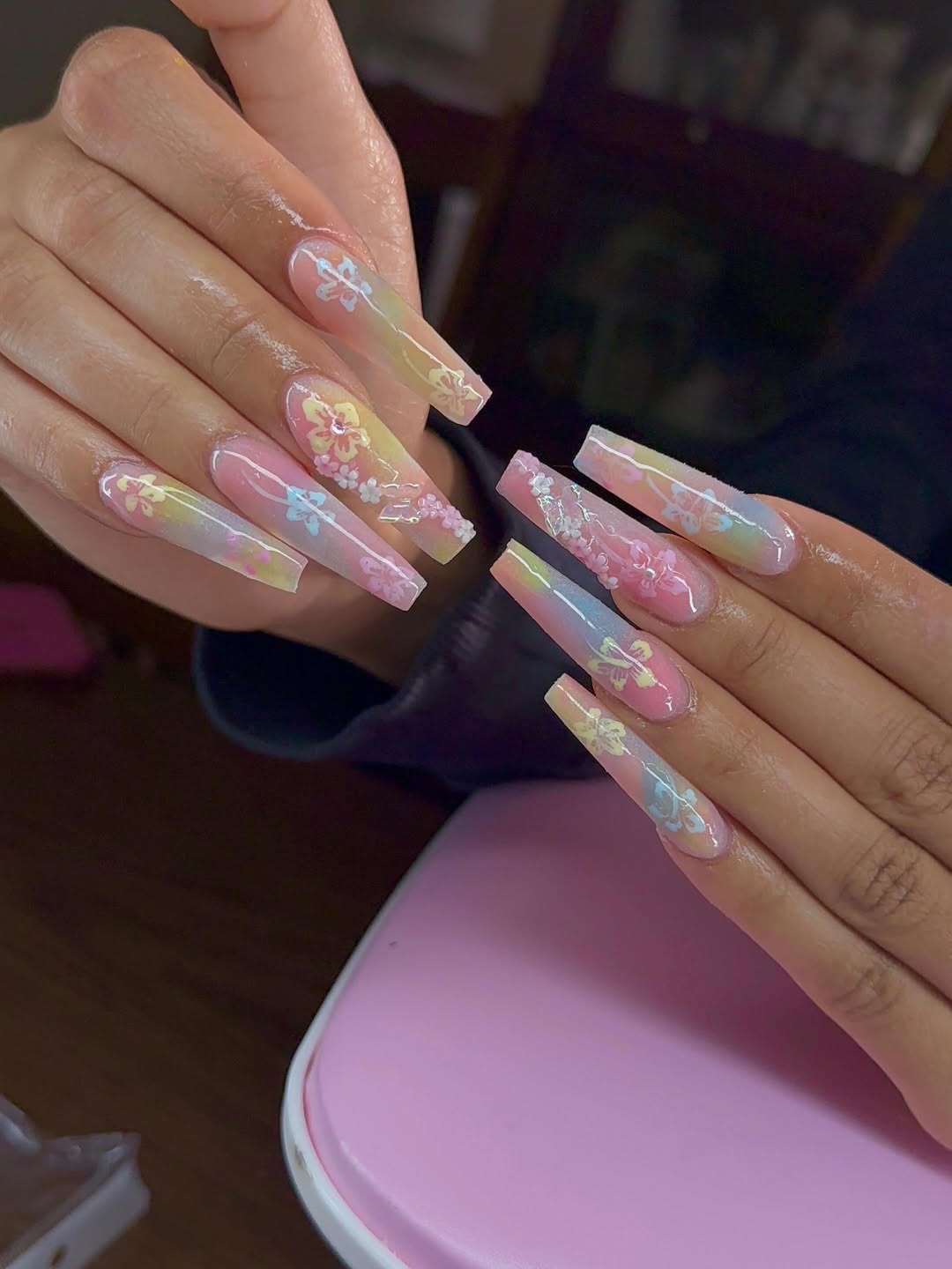 Pastel Ombre Ballerina Nails With 3D Flowers