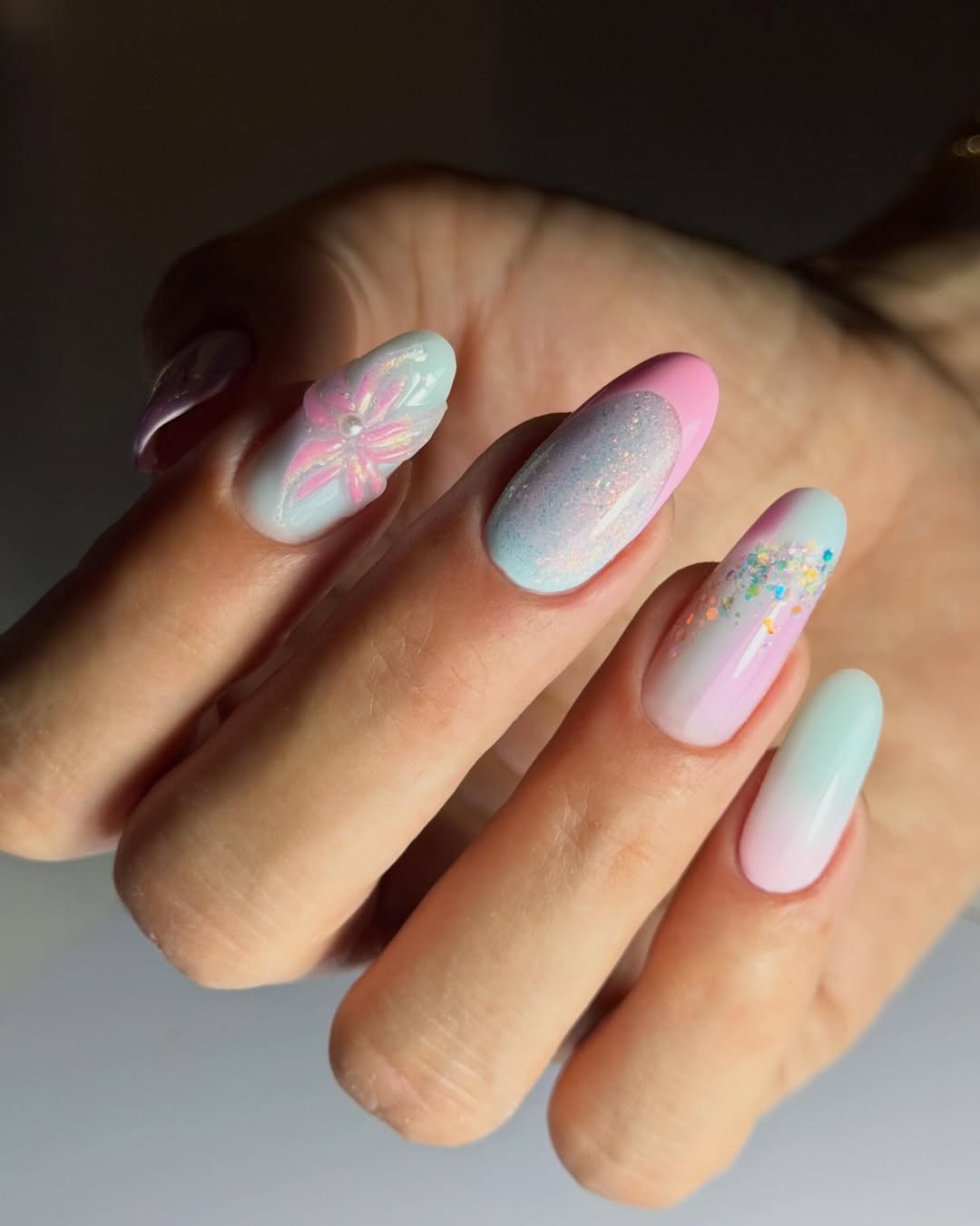 Pastel Ombre Oval Nails with Floral 3D Art